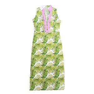 NicoBlu NWT Green Palm Leaf Print Maxi Dress Pink Trim Size 8 Resort Wear